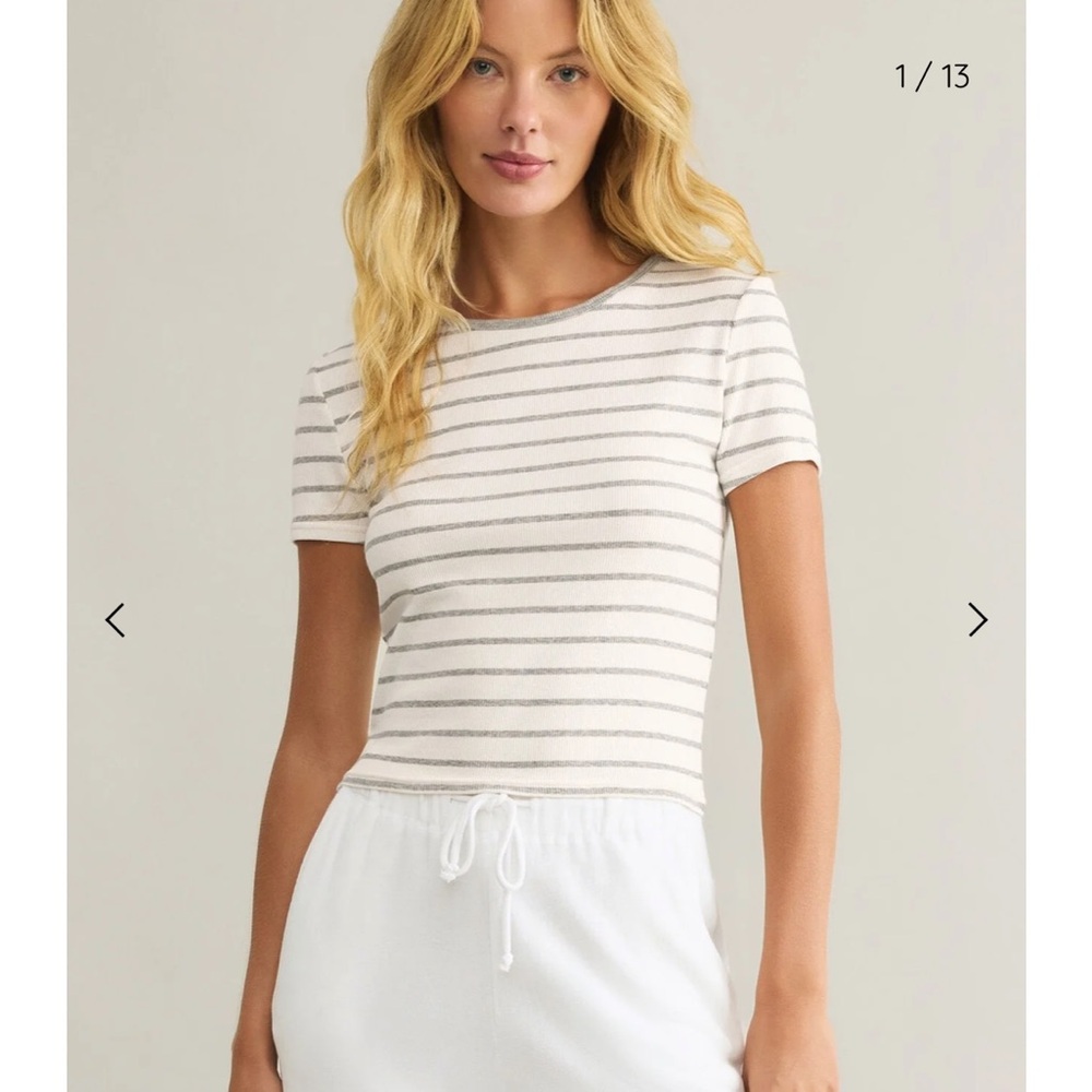 Z Supply Short Sleeve Striped Tee in White and Beige